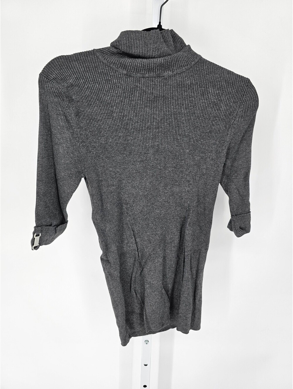 Carmen Marc Valvo Womens Sz L Short Sleeve Turtleneck Top Gray Silver Fitted